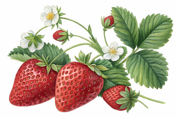 A vibrant illustration of ripe strawberries with green leaves and white flowers, showcasing their natural beauty and freshness.