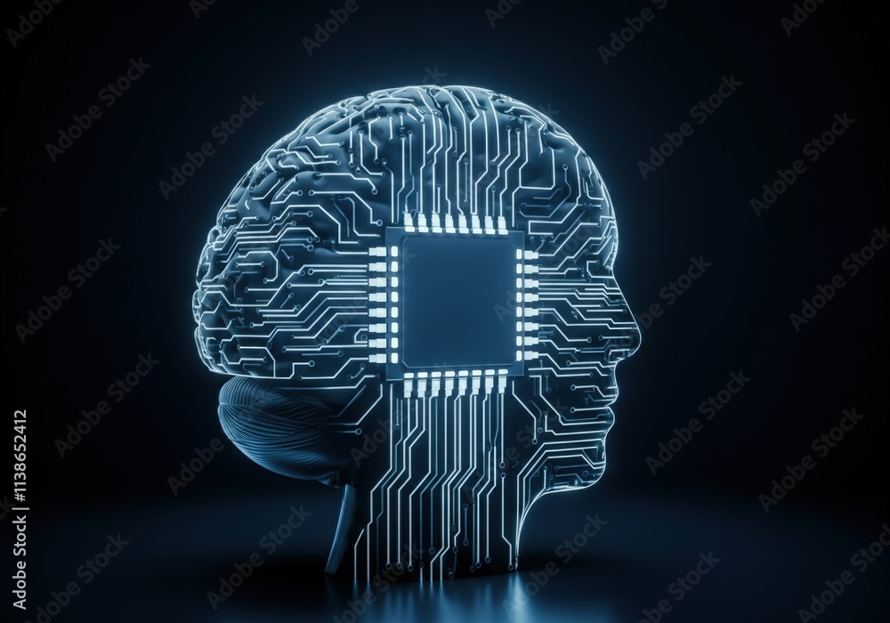 Poster futuristic brain design with a microchip, symbolizing artificial intelligence