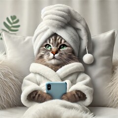 Adorable cat in cozy towel relaxing with phone in peaceful setting