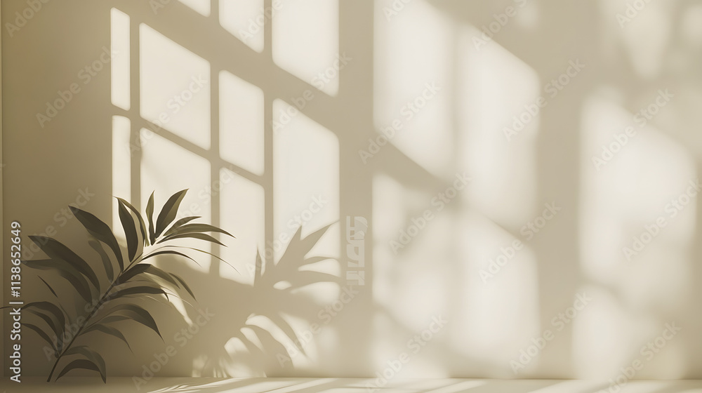 Poster soft leaf shadows fall across a warm beige wall, creating a calm, minimalist background with natural