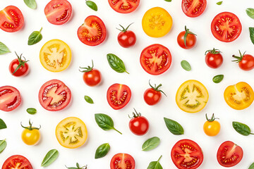 A vibrant arrangement of sliced tomatoes and fresh basil leaves on a white background, showcasing various colors and sizes.