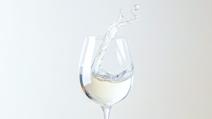 Wineglass being filled with white wine splashing upwards on white background