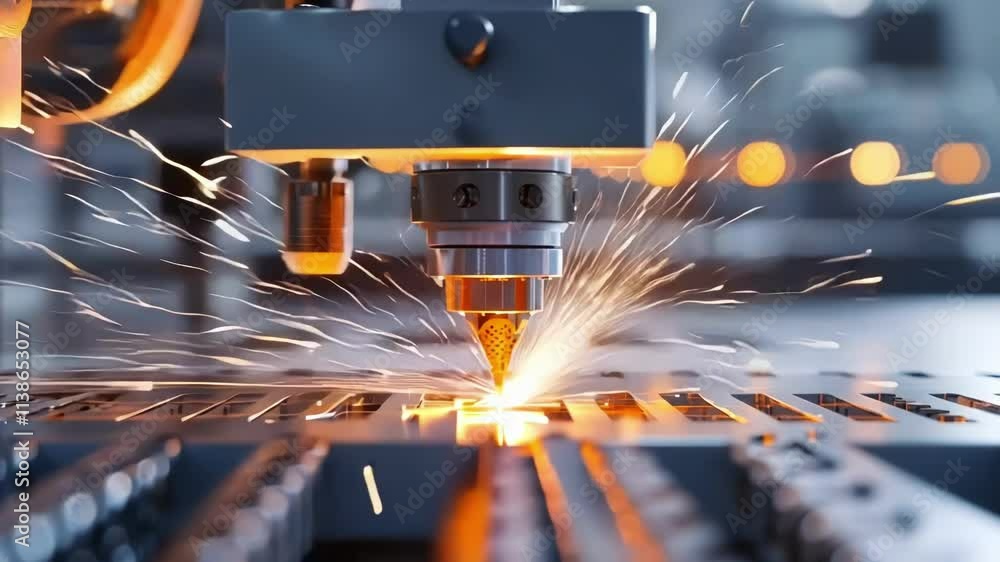 Poster industrial laser cutting of metal sheets generates intense sparks and bright light within a factory 