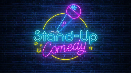 stand up comedy night show sign neon lights on brick wall background , bar and club comedy and humor show party background	