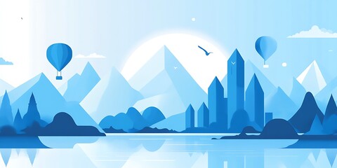 Naklejka premium Serene Blue Landscape With Hot Air Balloons and Cityscape