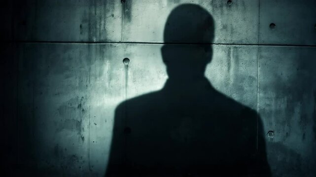 Businessman’s shadow casts on a textured concrete wall, creating an atmosphere of mystery and intrigue. The silhouette evokes feelings of anonymity and suspense