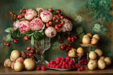 Vase of pink flowers sits on a table next to a plate of fruit
