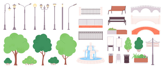 City park elements. Urban green zone objects, street lamps benches trees fountain, bridges, urns, billboards. Decorative modern landscape racy vector set © LadadikArt