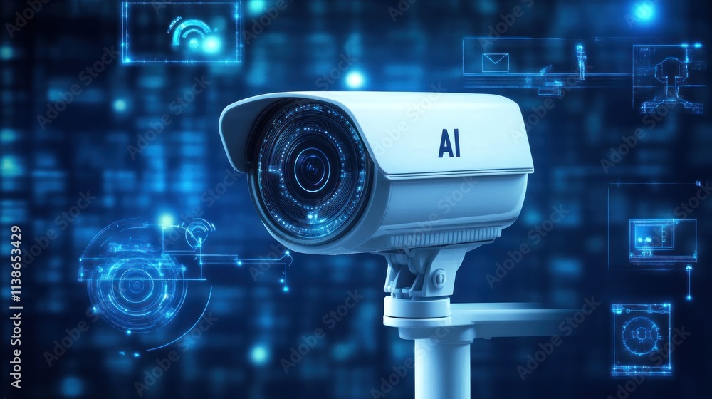 Poster ai-powered security camera with digital interface.