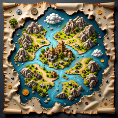 Discover the enchanted isles  a fantasy adventure map of hidden treasures and mystical lands, digital illustration of fantasy map concept.