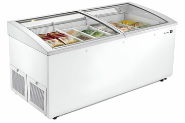 A spacious, white display freezer with glass lids showcasing various frozen products, ideal for grocery stores and restaurants.