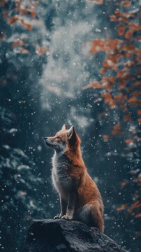 Fototapeta Red fox sitting on a rock in the forest during a snowfall