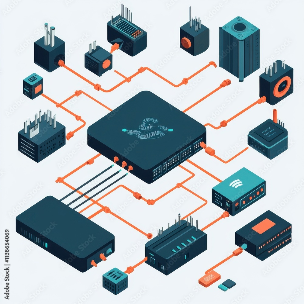 Poster an abstract representation of interconnected devices showcasing modern technology and networking sys