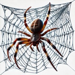 Obraz premium Spider web with a large spider on a light background. Space for text.