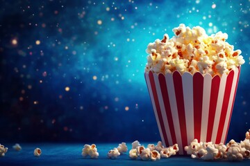 Delicious popcorn on background. Cinema and entertainment concept. Movie night with popcorn. Cheese and caramel popcorn. Delicious appetizer, snack. Place for text. Copy space.Banner 