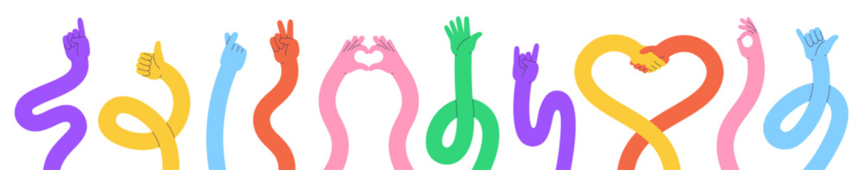 Long cartoon hands. Flexible cartoon hand show different positive gestures. Thumb up, victory heart ok signs. Stretched bright arms racy vector set