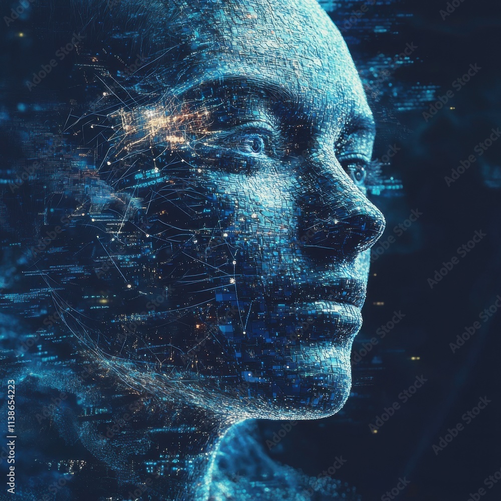 Poster a close-up of a female digital avatar with a mosaic of binary data, representing the intersection of