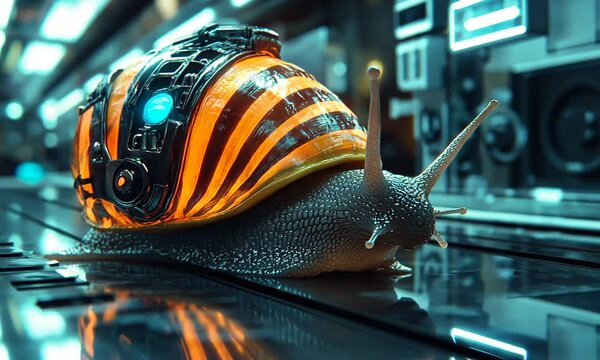 A futuristic snail with a vibrant, mechanical shell in a high-tech environment.
