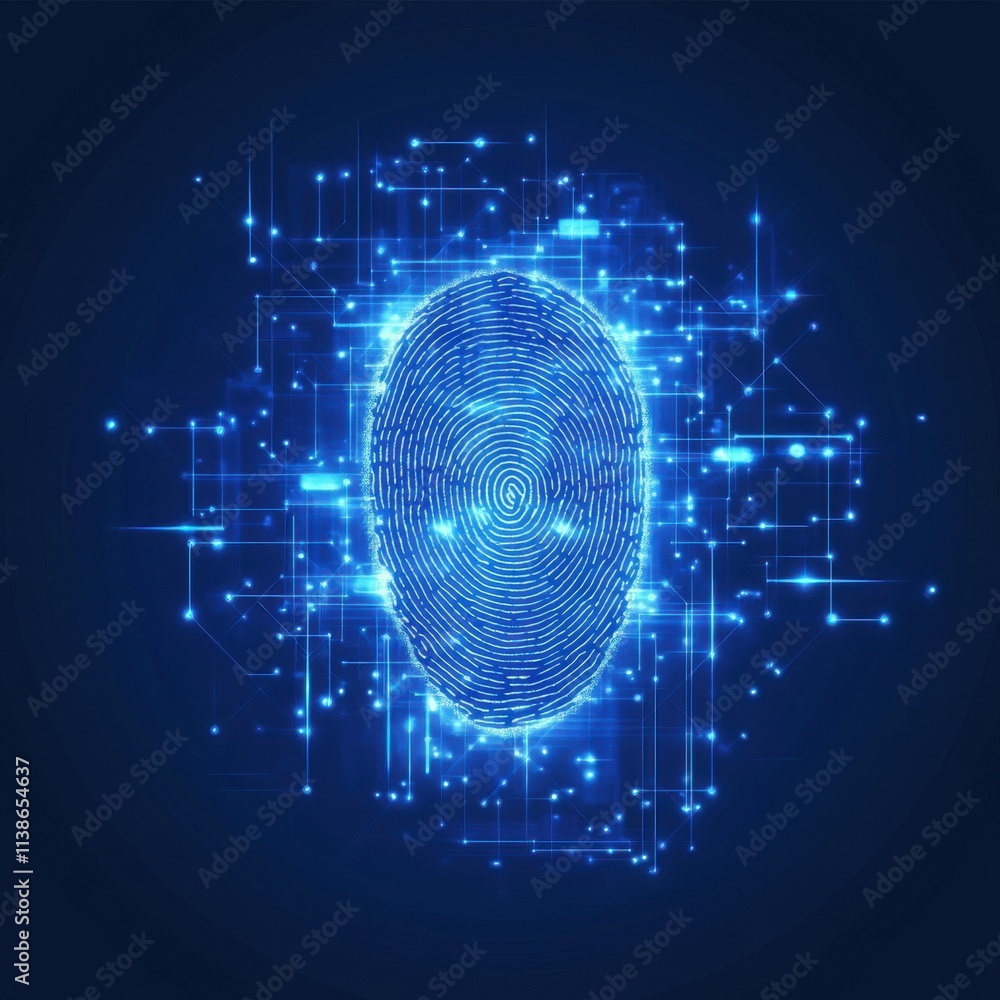 Poster a futuristic blue fingerprint surrounded by digital circuits, symbolizing identity verification and 