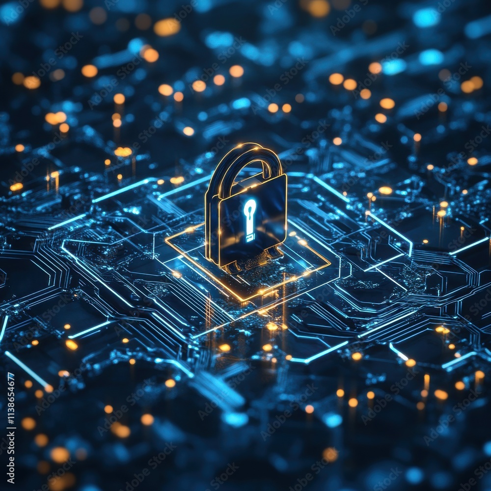 Poster a glowing digital padlock symbolizes cybersecurity on a network of interconnected circuits.