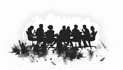 Silhouttes of business people as team sitting round table