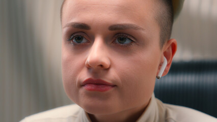 Close up woman Caucasian girl serious female lady student businesswoman influencer cyber gamer...