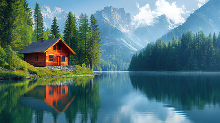 Fototapeta premium Enjoy a peaceful retreat in a cozy cabin by the lake, surrounded by majestic mountains and lush trees, perfect for unwinding and connecting with nature