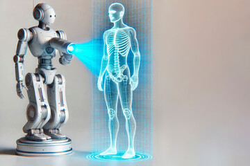 The robot scans a holographic image of a human skeleton. Space for text.