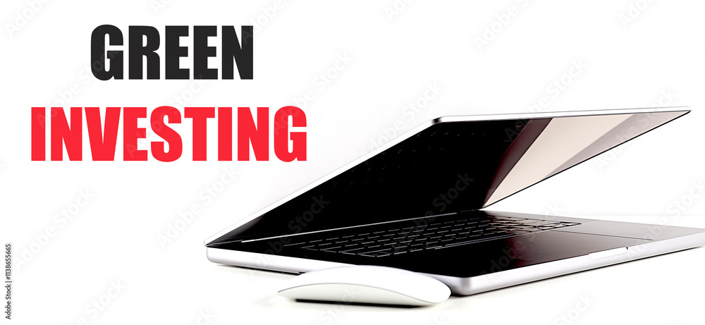 Aufkleber text green investing with a partially open laptop and computer mouse on a white background