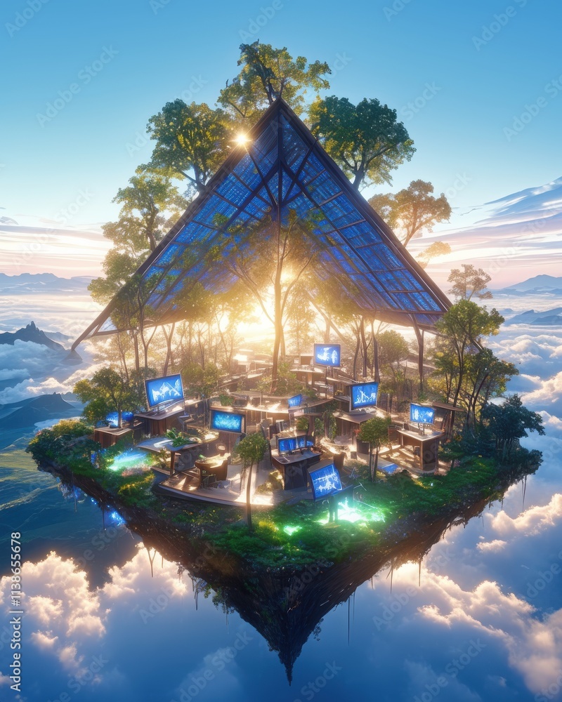 Poster futuristic floating workspace with trees and screens, set against a vibrant sky and clouds.