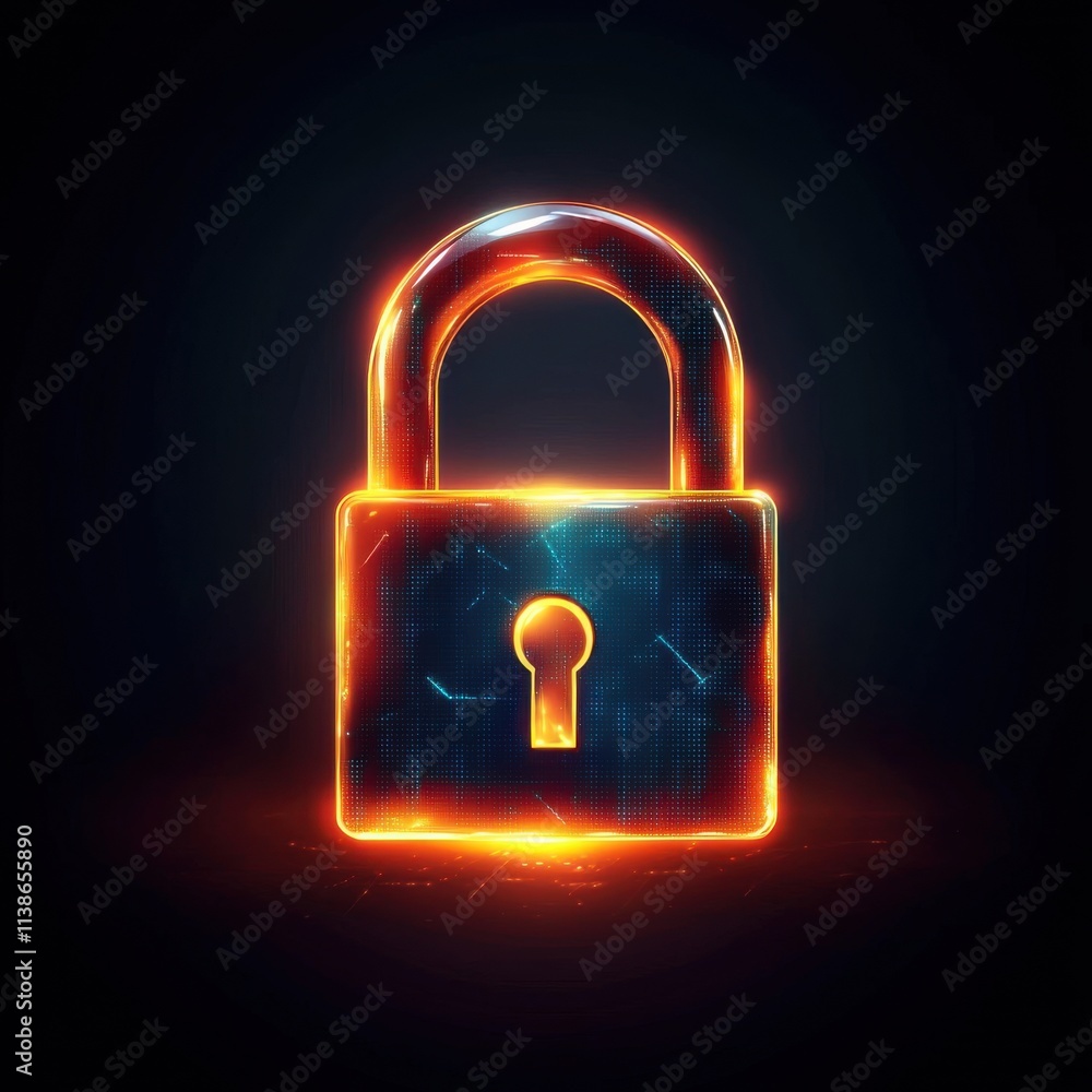 Poster futuristic glowing padlock representing digital security and data protection.