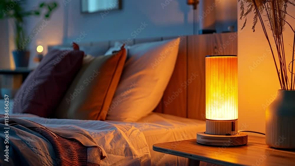 Poster this soft light fills a modern bedroom with a smart lamp next to a neatly made, pillow-adorned bed.