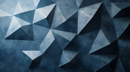 Fototapeta premium A modern geometric abstract design featuring 3D triangular shapes and textured blue surfaces with sharp angles and light shadows. .