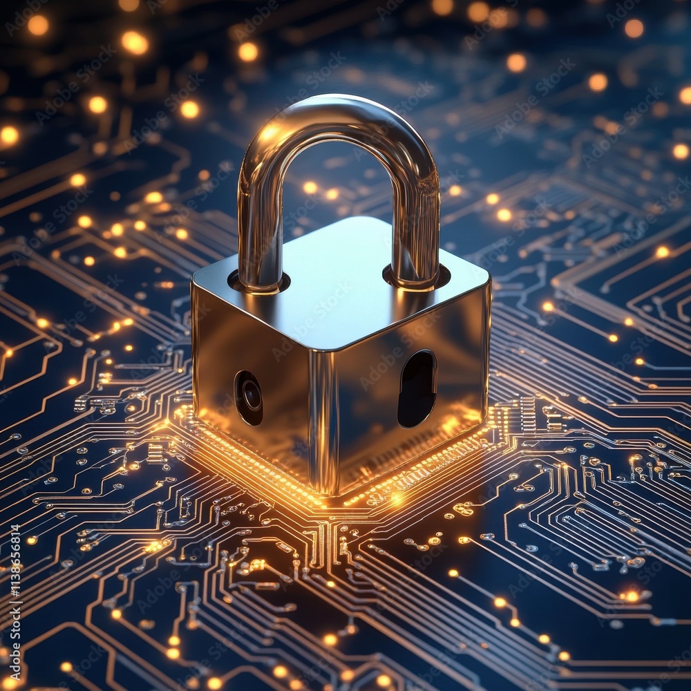 Poster a shiny metal padlock resting on a glowing circuit board, symbolizing cybersecurity and data protect