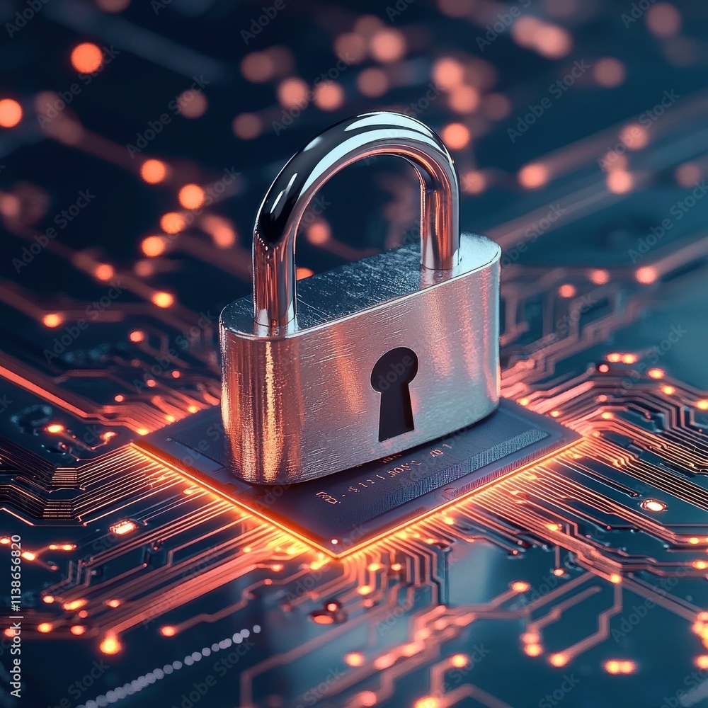 Poster a metallic padlock rests on a circuit board, symbolizing cybersecurity and data protection in a digi