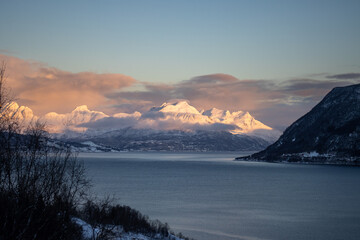 Winter landscape with a fjord and mountains,, Norway