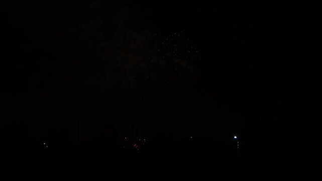 red pink and gold sparks scattering fireworks on the black night sky over the city. General plan