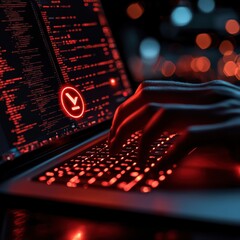 Close-up of a male's hand typing on a laptop in a dark environment, illuminated by red lights showcasing code on the screen.