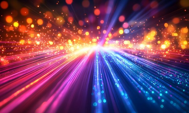 long exposure photograph showing bursts of colored light trails representing data