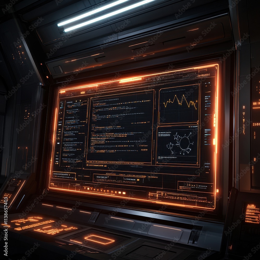 Poster futuristic control room displaying intricate data analytics and glowing orange interface elements.