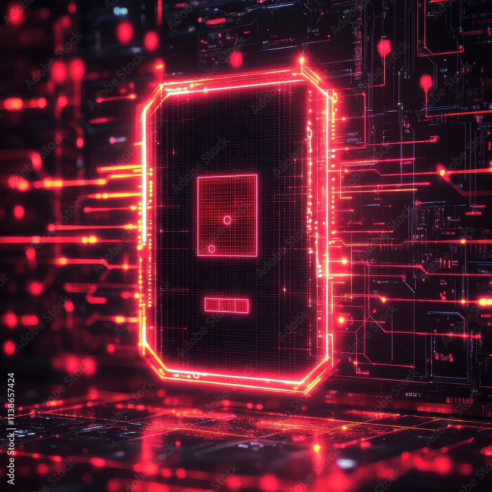 Poster a futuristic digital interface with glowing red circuitry and data streams, creating a high-tech atm