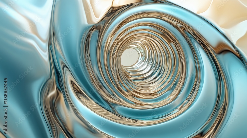 Poster abstract swirling metallic and aqua blue pattern with a tunnel-like effect, creating a futuristic an