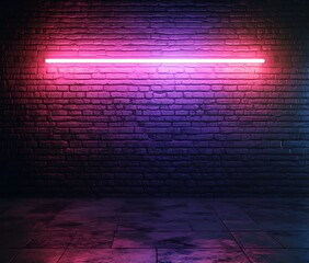 A glowing neon light on a brick wall in a dark, empty room, the textured surface of the wall...