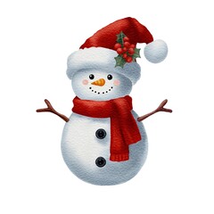 Cute Snowman with Red Scarf, Santa Hat and Holly