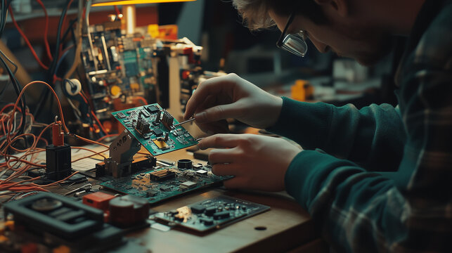 Technician repairing hardware in a workshop