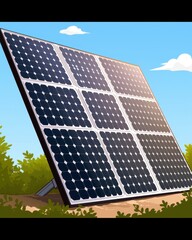 A vibrant solar panel array set against a clear blue sky, surrounded by lush greenery.