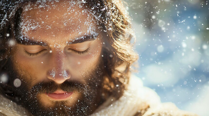 Jesus Christ, enjoying the snow and winter on Earth with a big, joyful smile on His face. He is happy and filled with joy for the upcoming winter holidays.