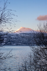 Winter landscape with a fjord and mountains,, Norway