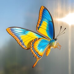 Fototapeta premium Very beautiful blue yellow orange butterfly in flight isolated on a transparent background. generative ai.