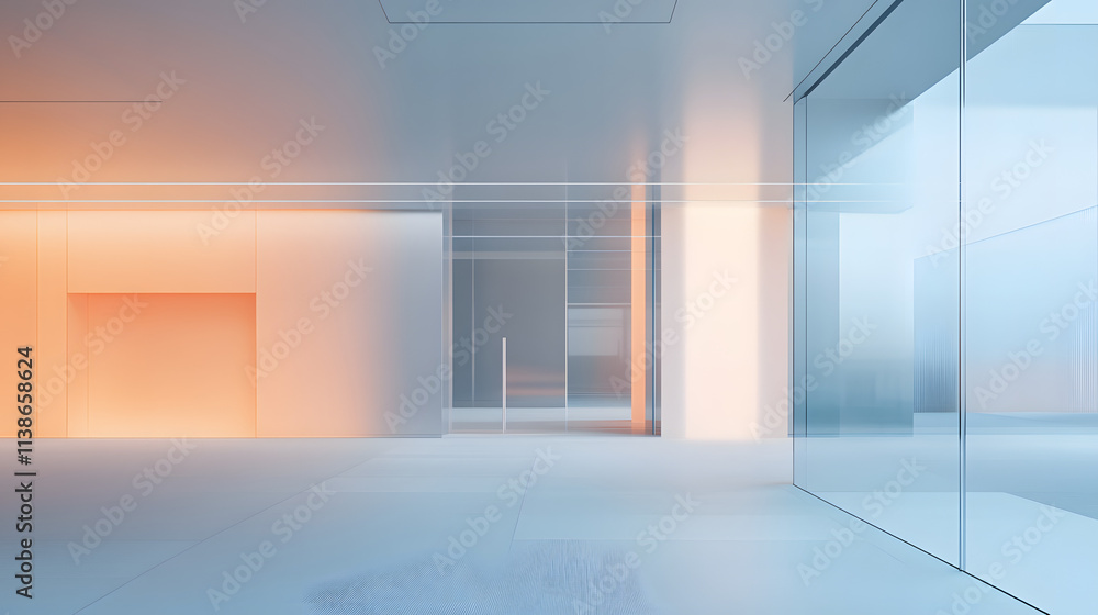 Poster a futuristic corridor with smooth reflective surfaces, illuminated by soft gradient hues of blue and